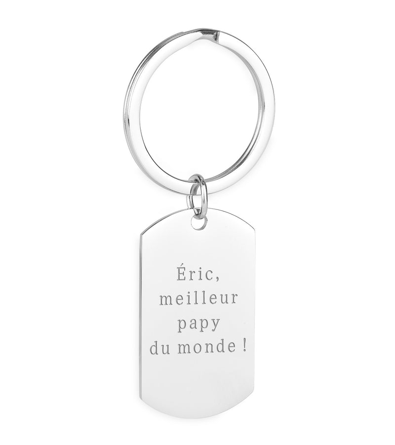 Porte-clé en acier inoxydable, avec un anneau rond de 30mm, personnalisé au format rectangle 39mm x 22mm.