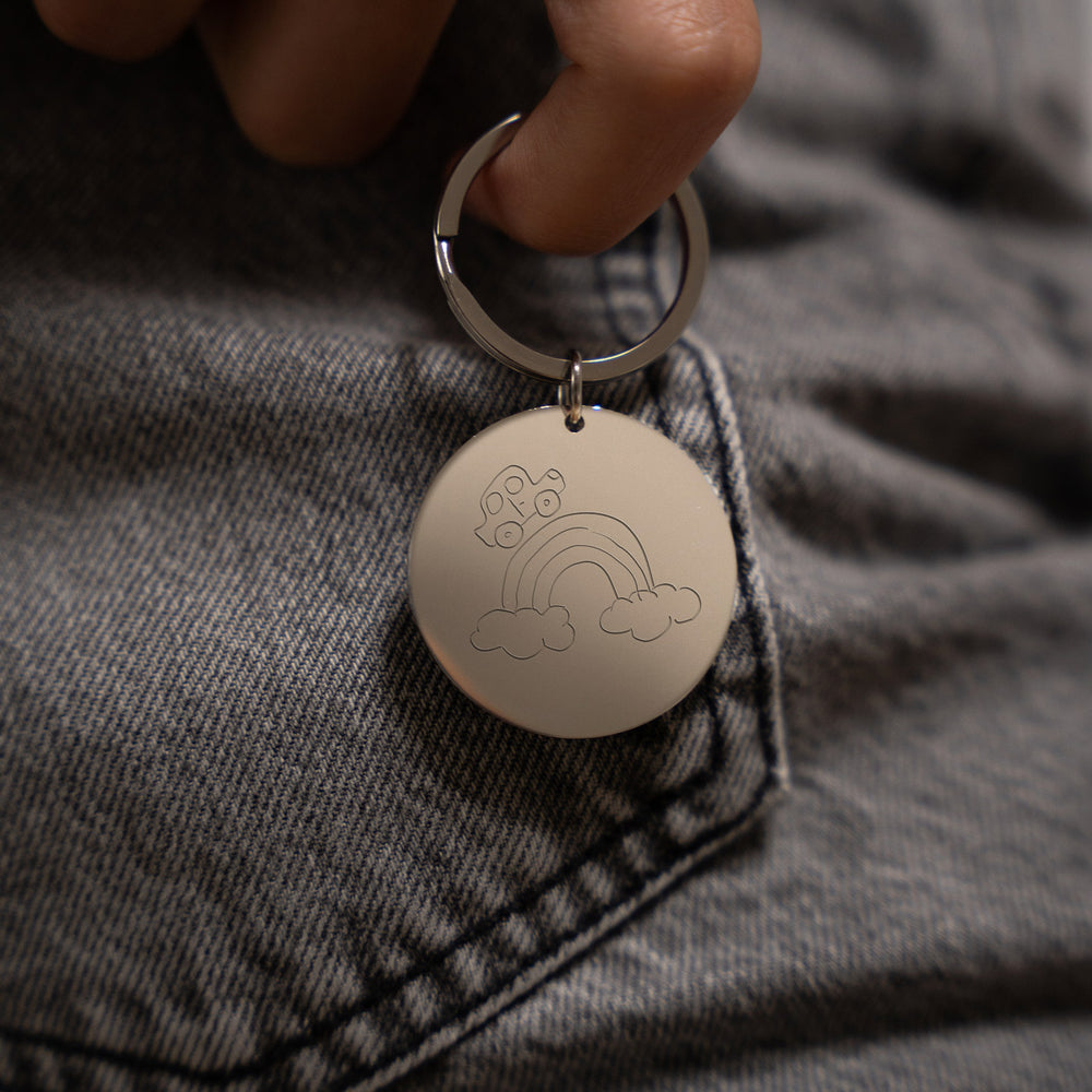  un porte-clés personnalisé, rond en acier inoxydable de 35mm et forme d'anneau de 30mm.