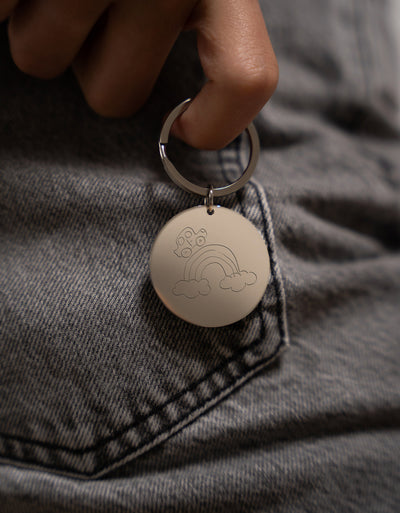  un porte-clés personnalisé, rond en acier inoxydable de 35mm et forme d'anneau de 30mm.
