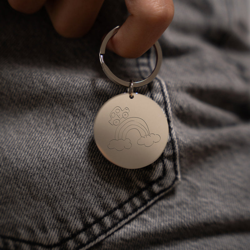  un porte-clés personnalisé, rond en acier inoxydable de 35mm et forme d'anneau de 30mm.