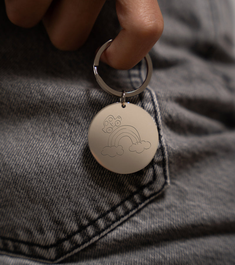  un porte-clés personnalisé, rond en acier inoxydable de 35mm et forme d'anneau de 30mm.