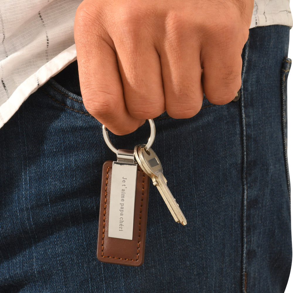 Porte clé Personnalisé - Rectangle 63mm x 30mm - Acier Inoxydable Cuir PU Rouge - Anneau Rond