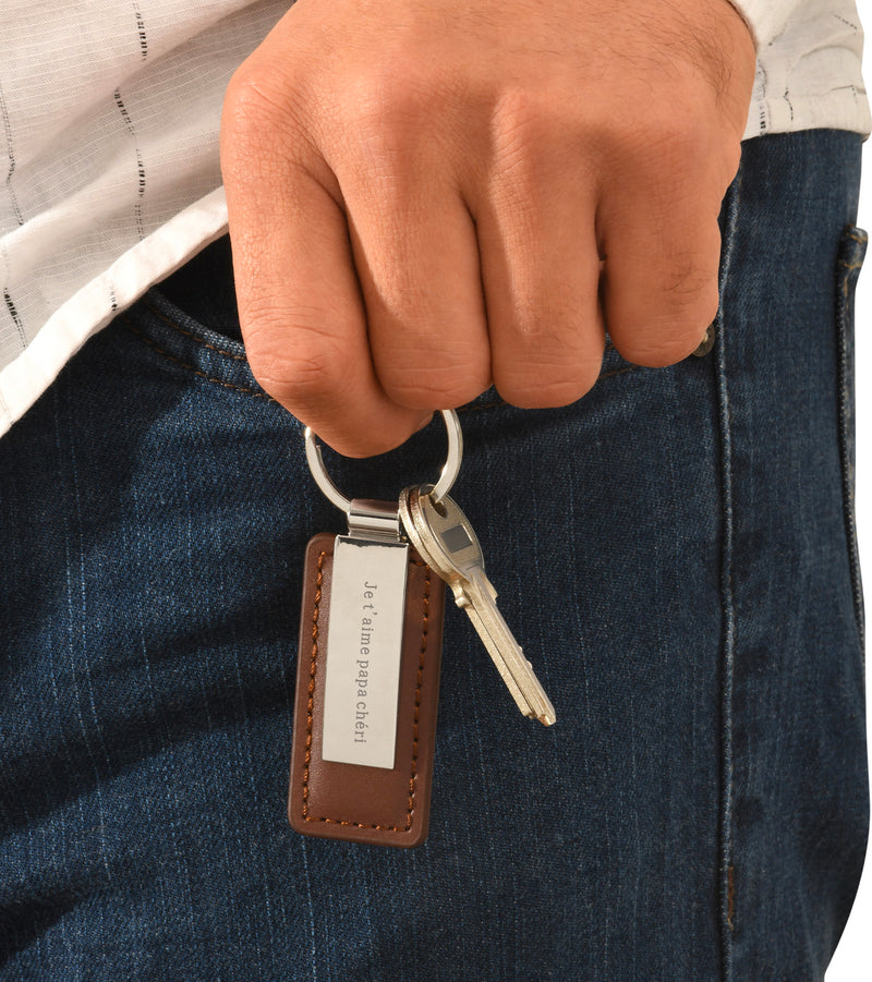 Porte clé Personnalisé - Rectangle 63mm x 30mm - Acier Inoxydable Cuir PU Rouge - Anneau Rond