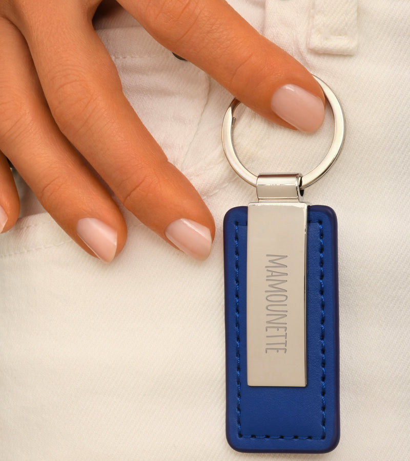 Porte clé personnalisé rectangle 63mm x 30mm en cuir PU bleu avec acier inoxydable et anneau rond