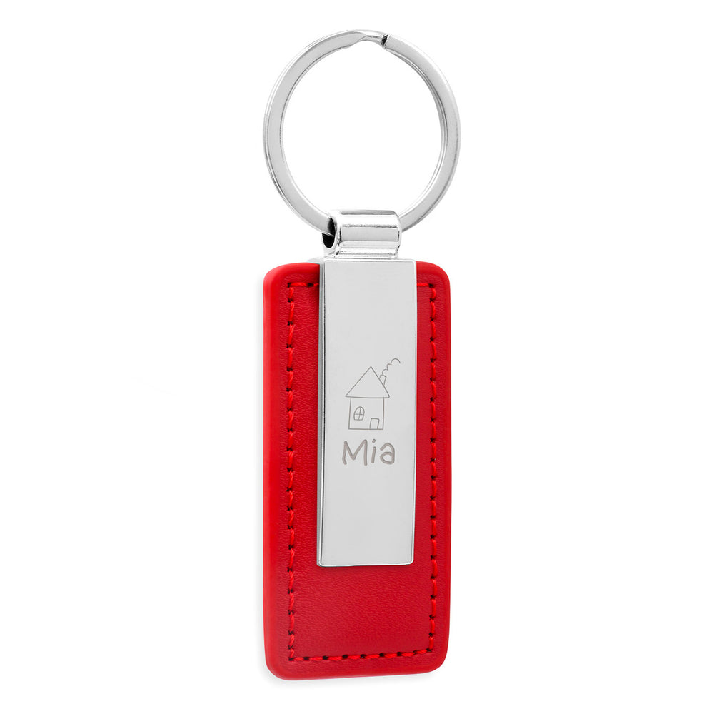 Porte clé personnalisé en cuir PU rouge avec un design rectangle de 63mm x 30mm et un anneau rond en acier inoxydable
