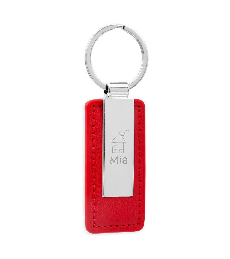 Porte clé personnalisé en cuir PU rouge avec un design rectangle de 63mm x 30mm et un anneau rond en acier inoxydable