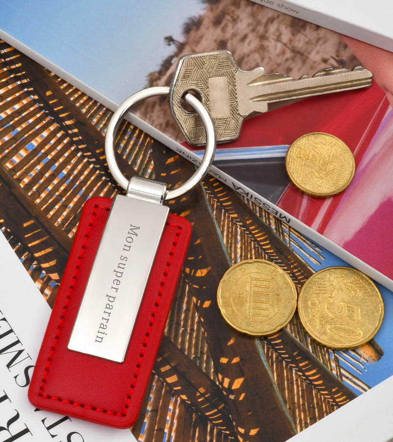 Porte clé Personnalisé - Rectangle 63mm x 30mm - Acier Inoxydable Cuir PU Rouge - Anneau Rond