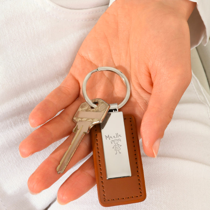 Porte clé personnalisé avec un anneau rond en acier inoxydable et un rectangle de 63mm x 30mm en cuir PU marron
