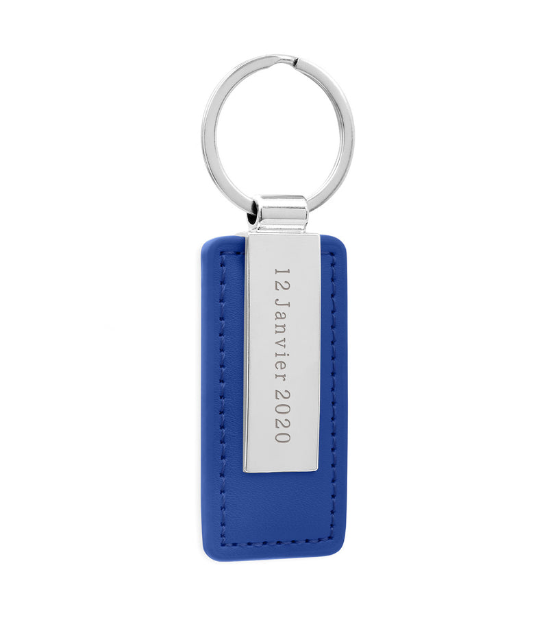 Porte clé personnalisé en rectangle de 63mm x 30mm avec cuir PU bleu, acier inoxydable et anneau rond