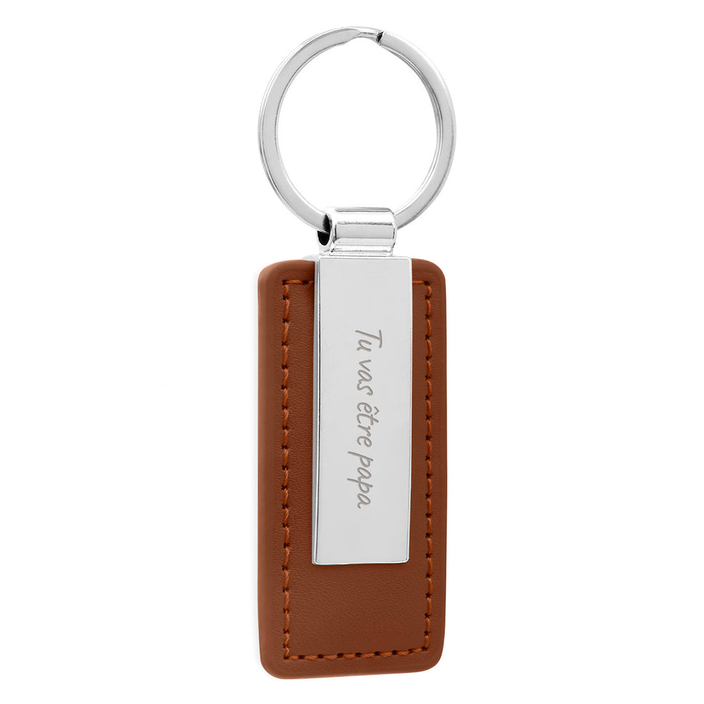 Porte clé personnalisé en acier inoxydable avec un rectangle de 63mm x 30mm en cuir PU marron et un anneau rond