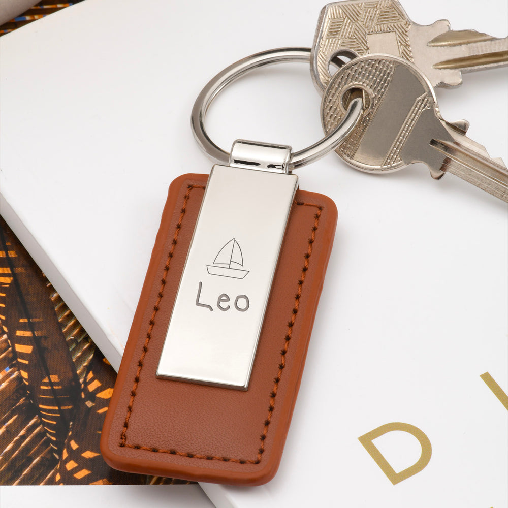 Porte clé en acier inoxydable avec un rectangle de 63mm x 30mm en cuir PU marron et un anneau rond personnalisé