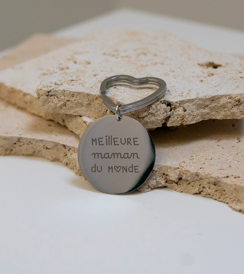 Porte-clé personnalisé rond, fabriqué en acier inoxydable 35mm, avec un anneau cœur de 31mm.